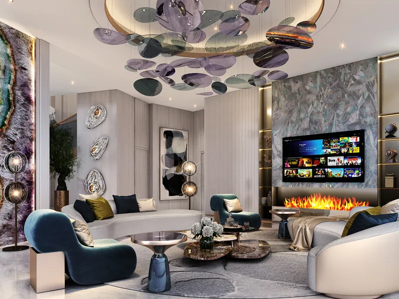 Living room at Altitude de GRISOGONO with a sculptural ceiling light and curved seating
