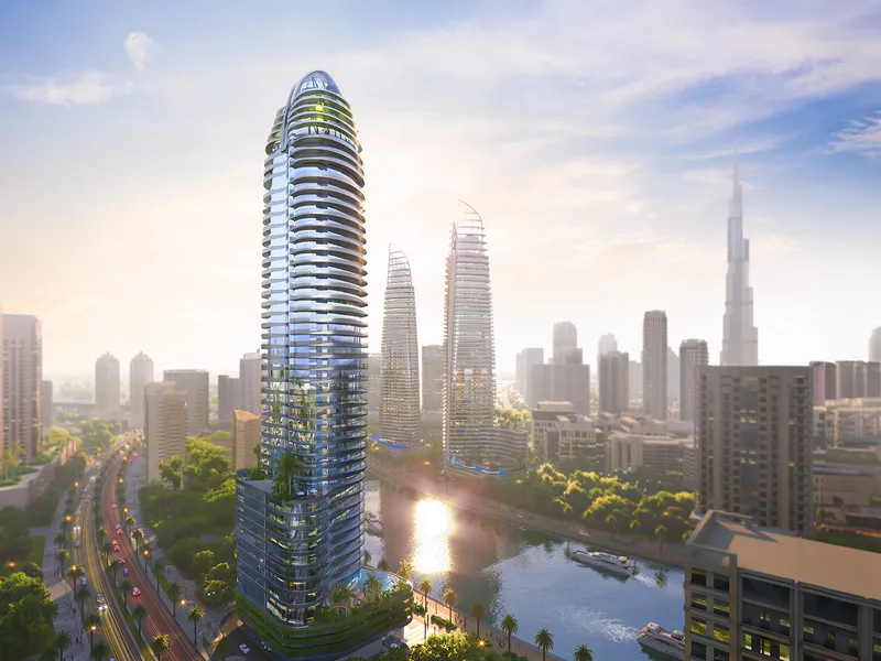 Altitude de GRISOGONO tower beside the Dubai Canal in Business Bay in daylight