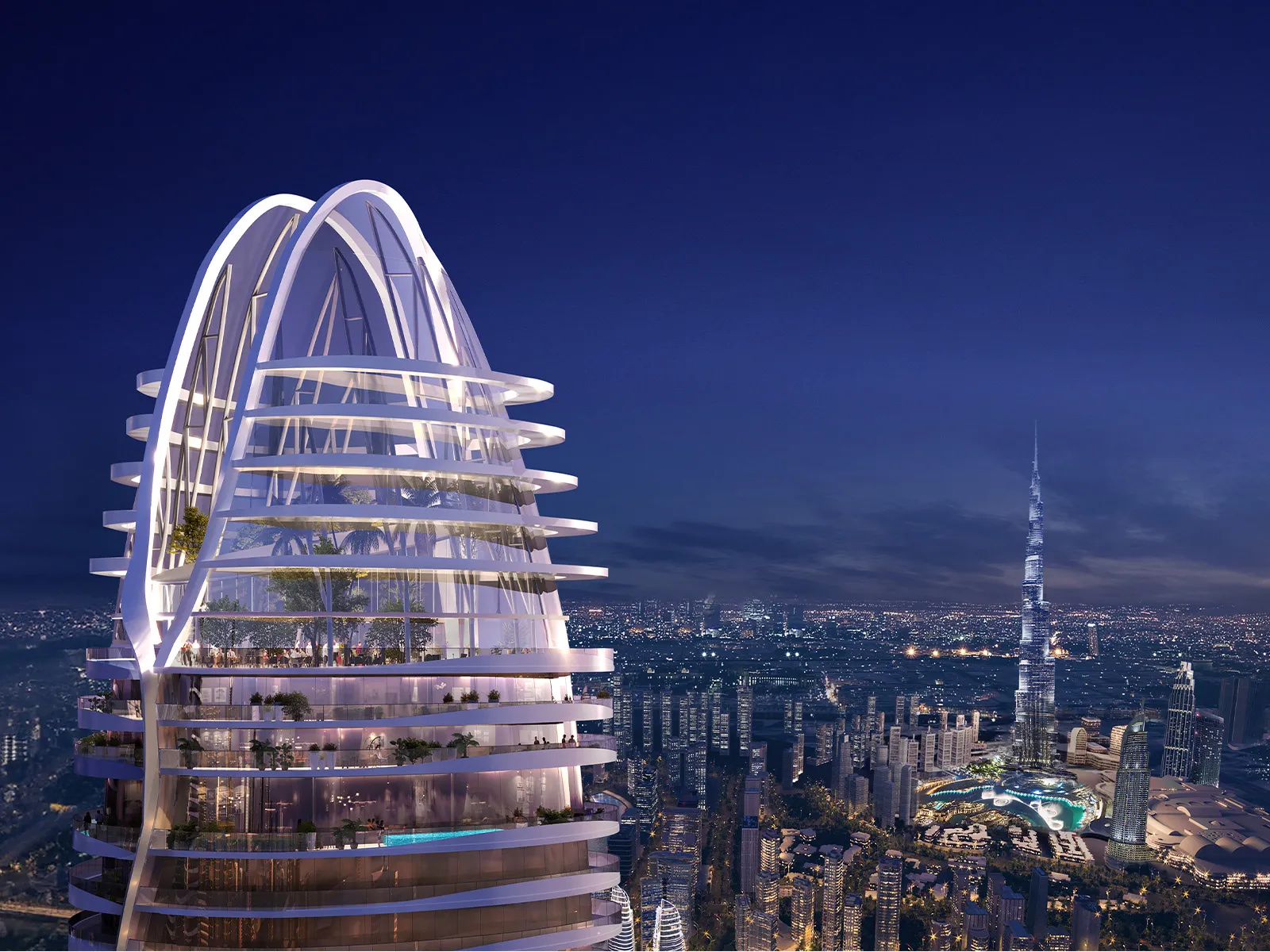 Illuminated crown of the Altitude de GRISOGONO tower at night with the Downtown Dubai skyline behind