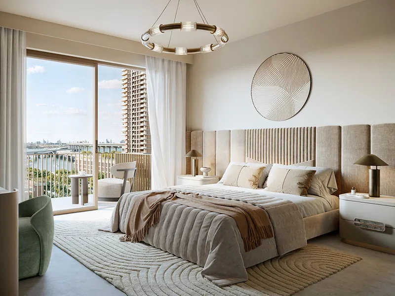 Interior render of an Altus bedroom with a balcony