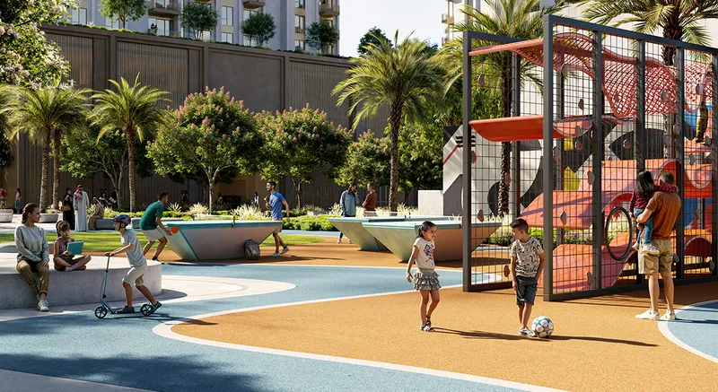 Render of children at the outdoor play area at Altus
