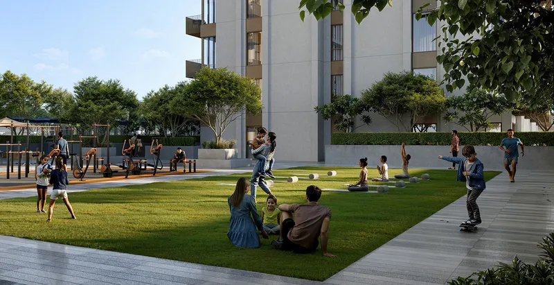 Render of residents on the lawn beside the outdoor gym at Altus