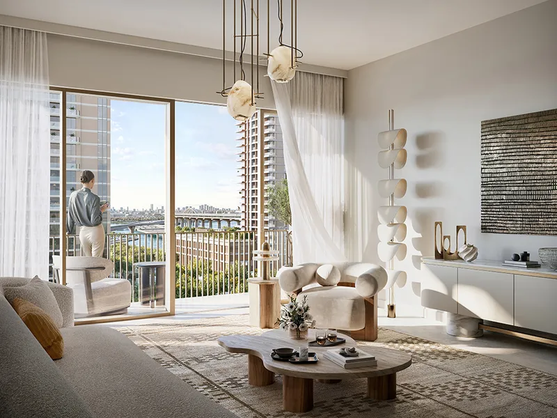 Interior render of an Altus living room opening onto a balcony