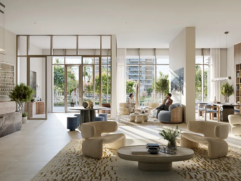 Interior render of the Altus lobby lounge with garden views