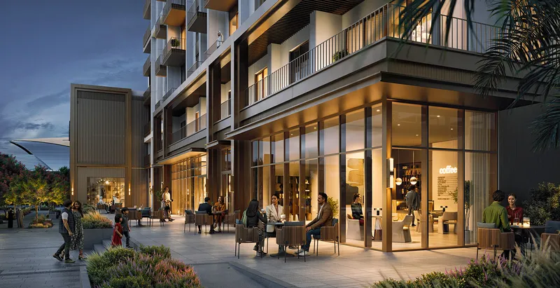 Render of the Altus podium at dusk with a ground-floor terrace and balconies above