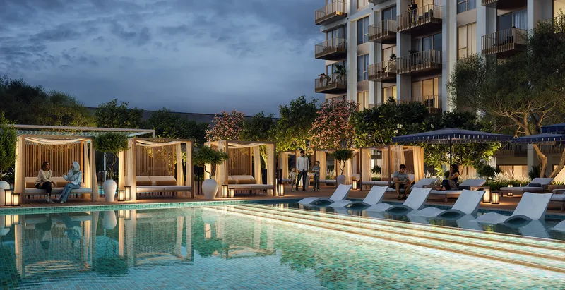 Render of the Altus swimming pool at dusk with cabanas and sun loungers