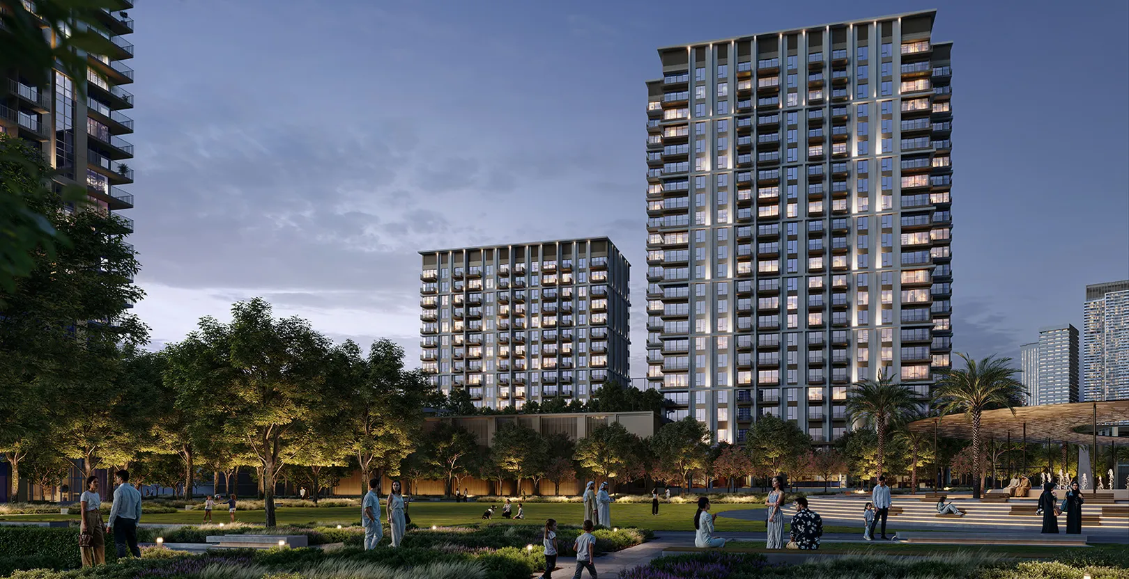 Render of the Altus towers at dusk seen across a landscaped park in Dubai Creek Harbour
