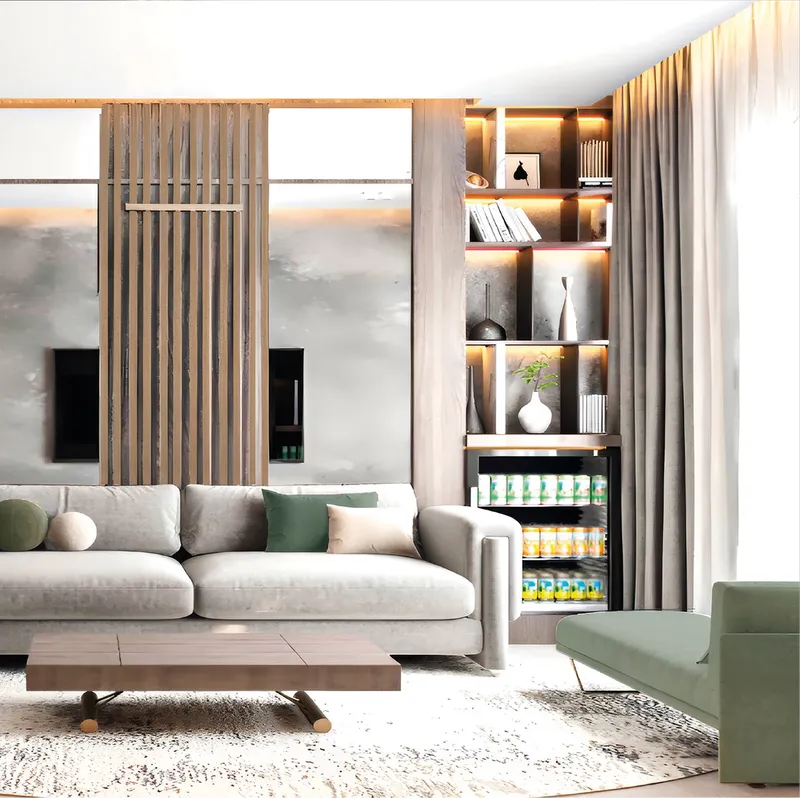 Furnished living room in an Amazonia apartment with a grey sofa, timber slat wall and shelving