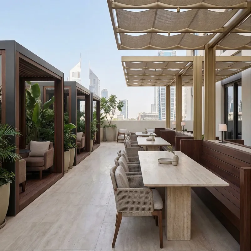 Outdoor terrace at Amazonia with long tables, bench seating and pergolas