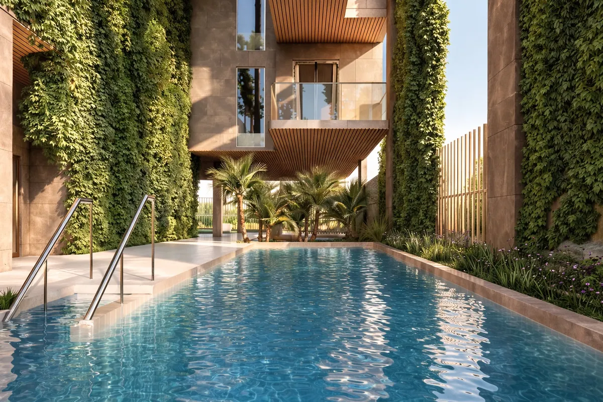 Swimming pool at Amazonia framed by green walls and palm trees