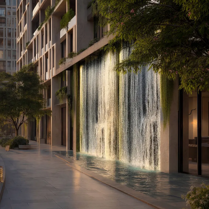 Water cascading down the facade of Amazonia beside a paved walkway at dusk