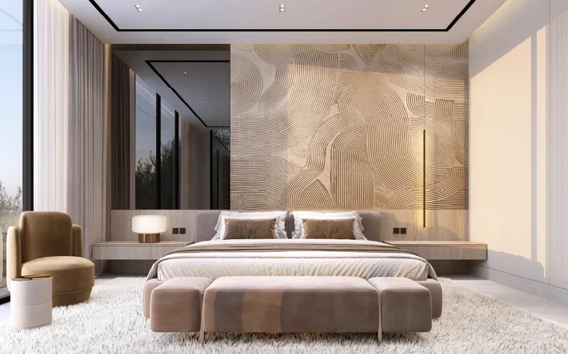 Interior render of an Ananda Residences bedroom with a textured feature wall