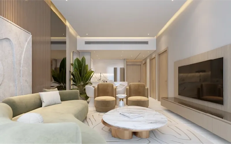 Interior render of an Ananda Residences living room with an open kitchen behind