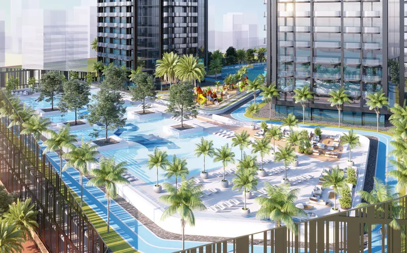 Render of the podium pool deck between the Ananda Residences towers with palms, loungers and a play area