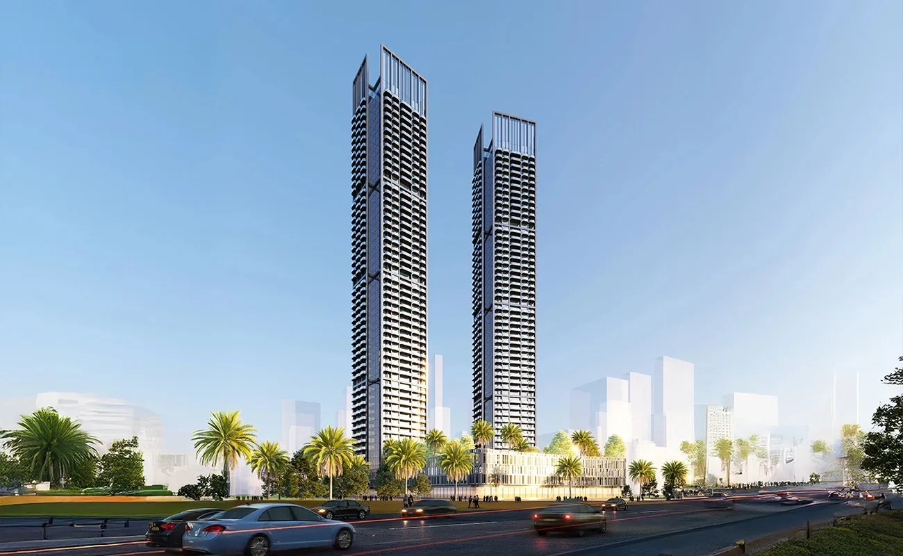 Render of the two Ananda Residences towers rising above their shared podium in Motor City