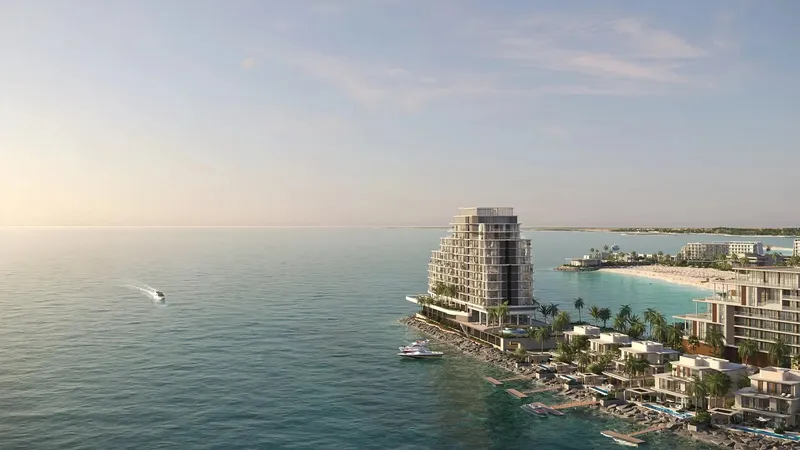 Aerial render of Anantara Residences and the villas on the Hayat Island coast in Mina Al Arab