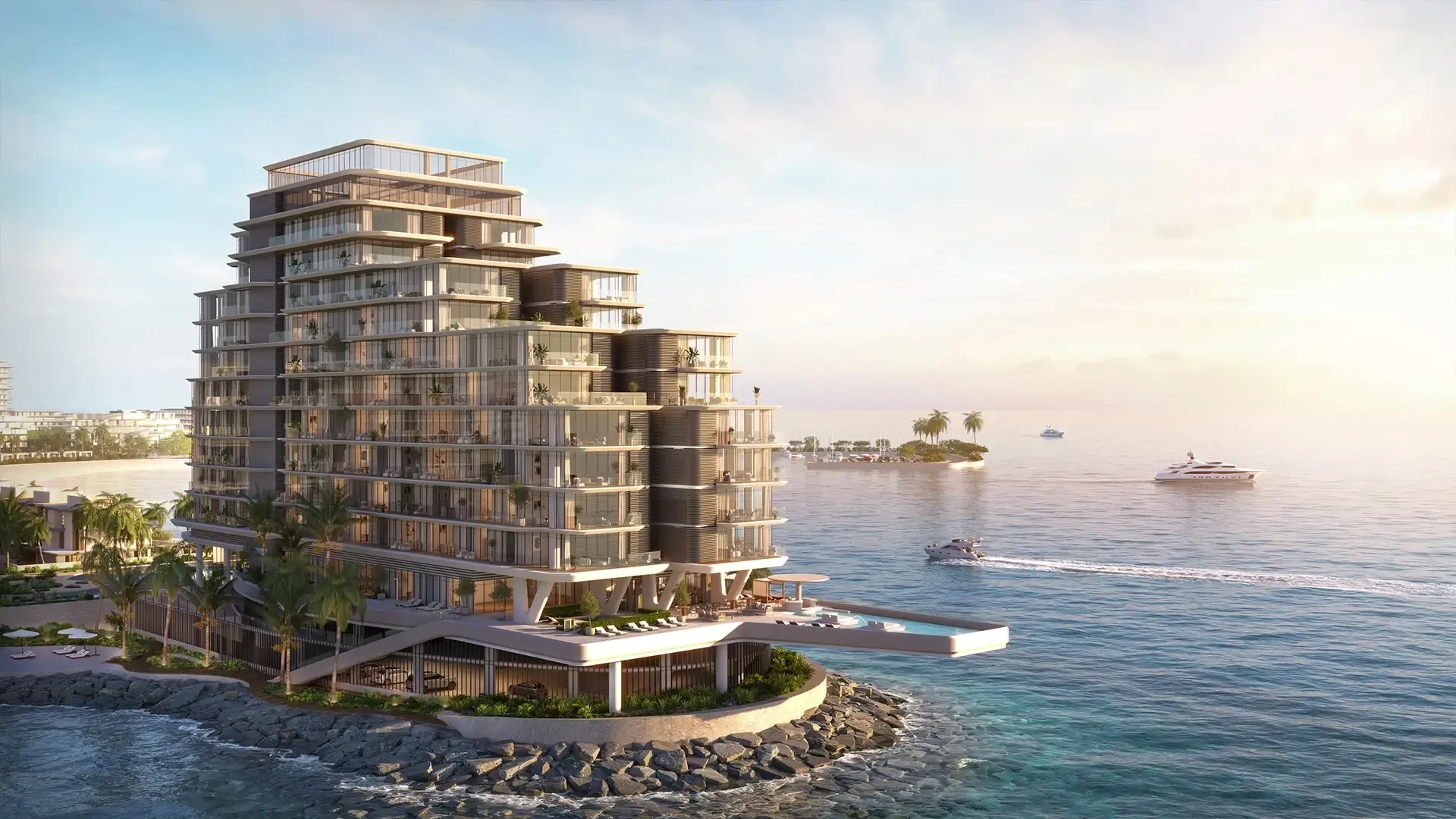 Render of the Anantara Residences apartment building on the Hayat Island shoreline, Mina Al Arab, Ras Al Khaimah