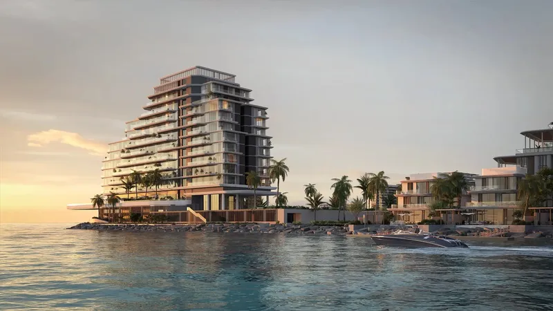 Anantara Residences Mina by RAK Properties at sunset, seen from the sea