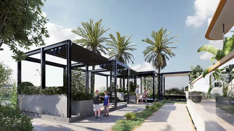 Shaded pergola seating among palm trees on the podium of Antalya by Karma