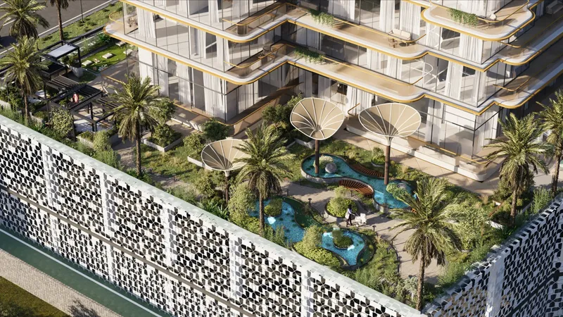 Landscaped podium garden with water features and shade canopies below the balconies of Antalya by Karma