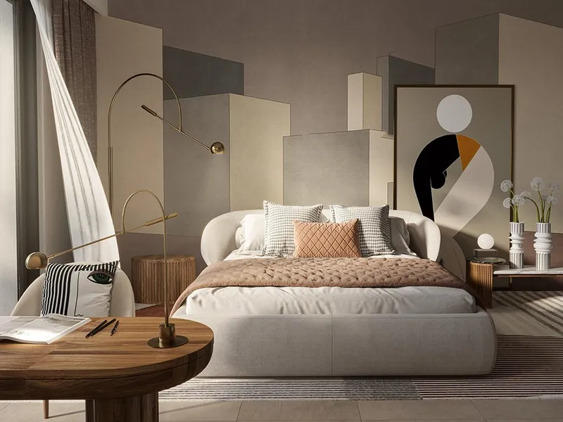 Interior render of an Anya 2 bedroom in neutral tones