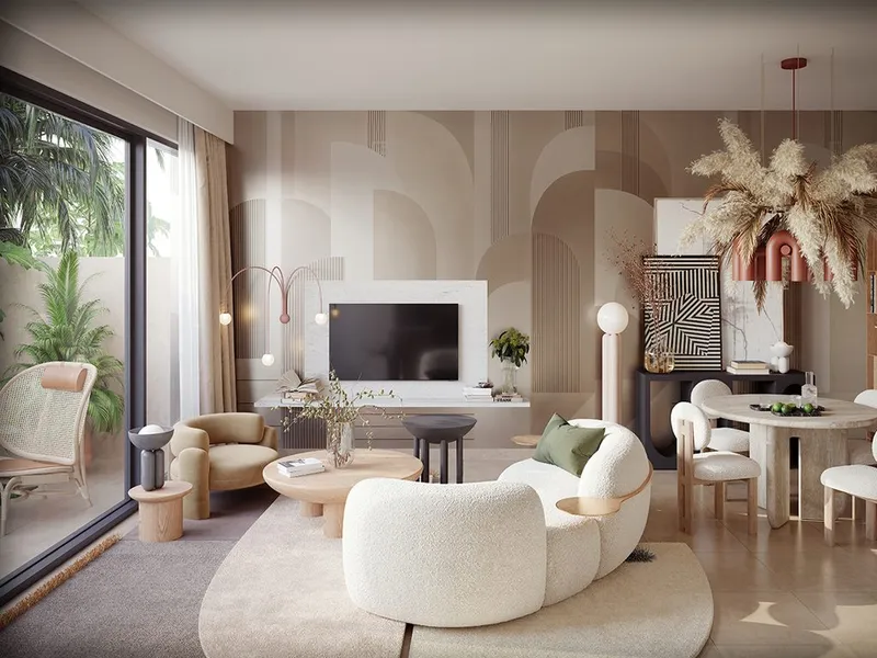 Interior render of an Anya 2 living and dining room opening onto the garden