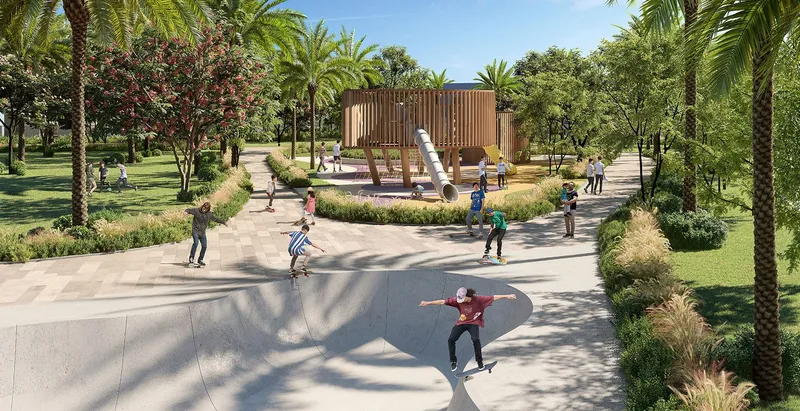 Render of the skate park and play structure among palm trees at Anya 2