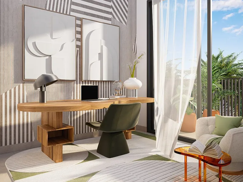 Interior render of an Anya 2 study with a desk beside full-height windows