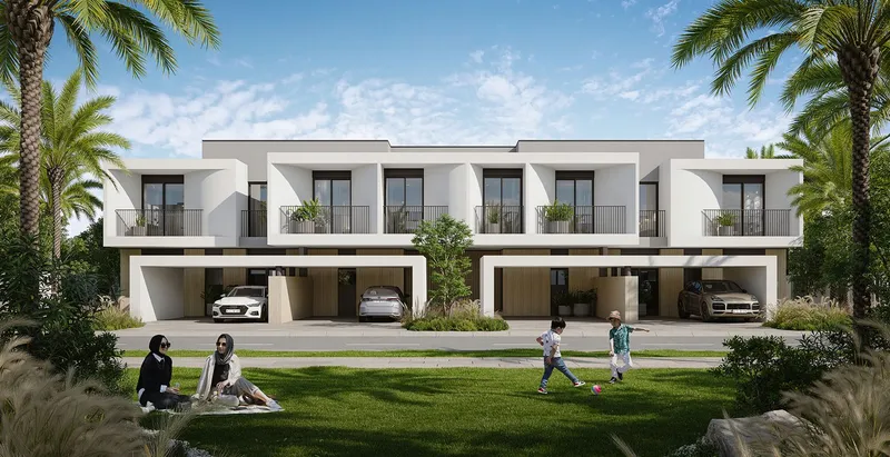 Render of Anya 2 townhouses with covered parking and a lawn in front