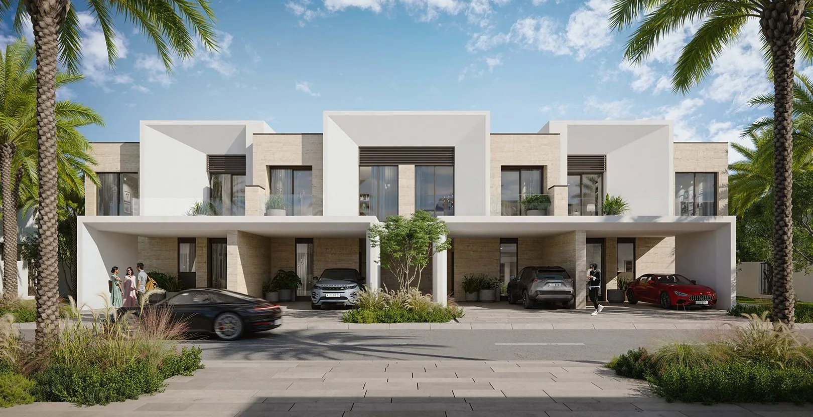Render of a row of white two-storey Anya 2 townhouses seen from the street