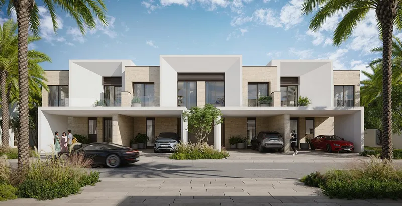 Render of a row of white two-storey Anya 2 townhouses seen from the street