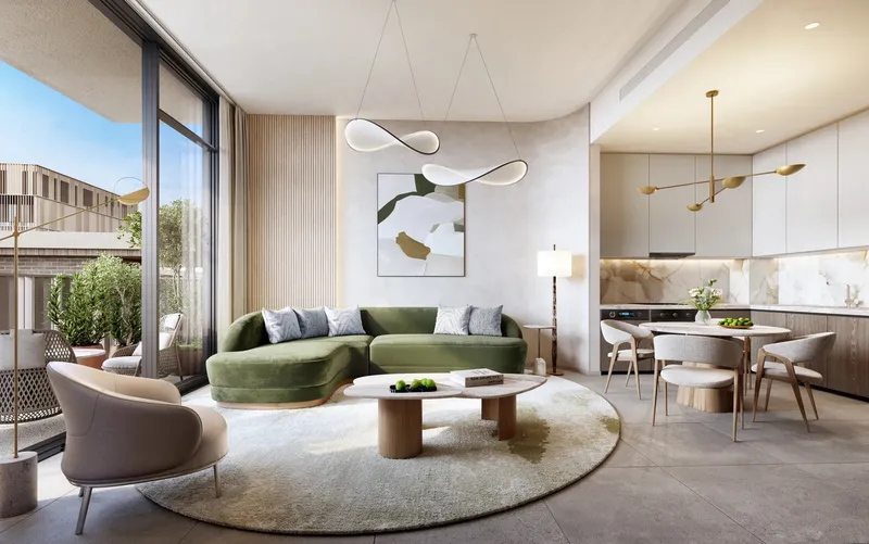 Open-plan living, dining and kitchen area of a one-bedroom residence at Arancia Yards
