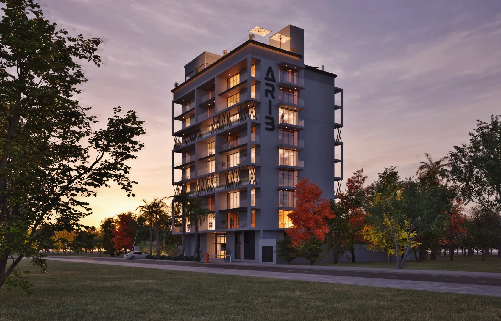 ARIB Collection apartment building in Dubailand Residence Complex at dusk