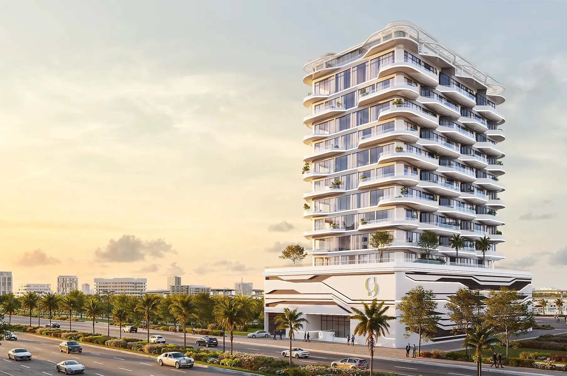 ARYA Residences tower with curved white balconies on Dubai Islands at sunset