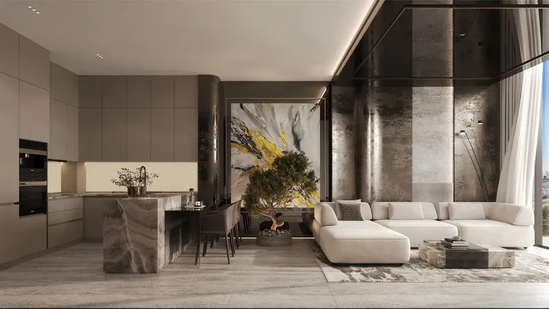 Open kitchen and living area with artwork in an ARYA Residences apartment