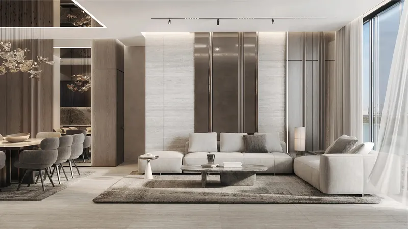 Furnished living and dining room in an ARYA Residences apartment