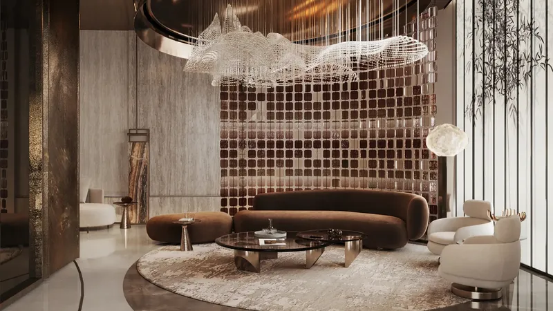 Residents' lounge with curved sofas and sculptural ceiling at ARYA Residences