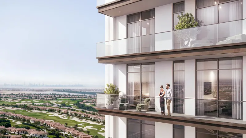 Balconies of AUREL1A Residence overlooking the golf course in Dubai Sports City
