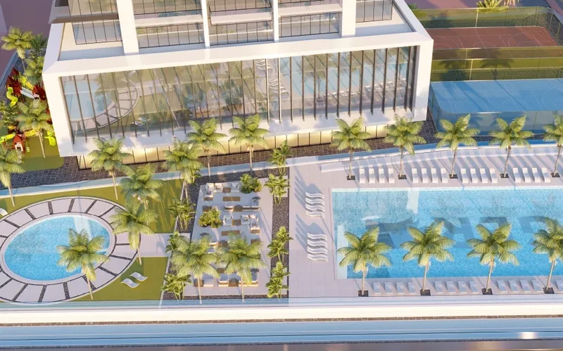 Aerial render of the Auresta Tower pool deck with a main pool, a round kids' pool and seating