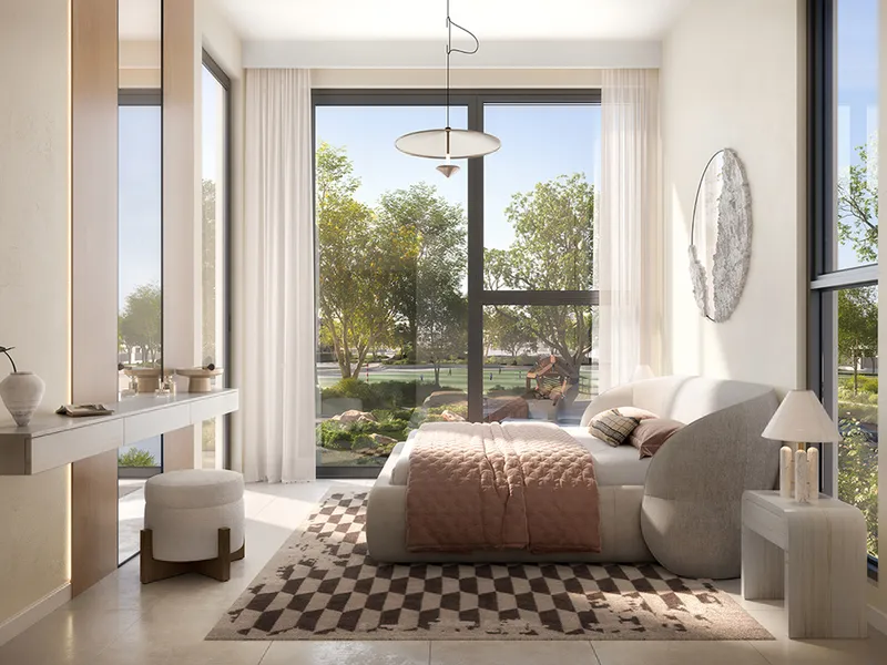Interior render of an Avena 2 bedroom with full-height windows facing greenery