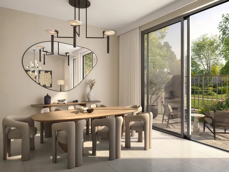 Interior render of an Avena 2 dining room opening onto a garden terrace