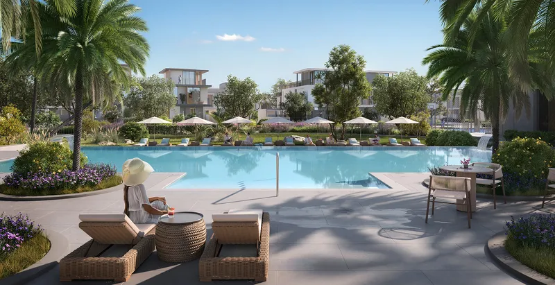 Render of the landscaped pool deck at Avena 2 with sun loungers and palms