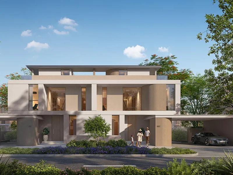 Render of an Avena 2 villa facade with curved corners and a covered car port