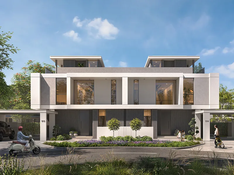 Render of the front of a pair of three-storey Avena 2 villas with flat roofs and carports