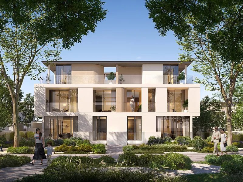 Render of the garden side of Avena 2 villas framed by mature trees