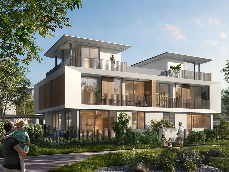 Render of Avena 2 villas with balconies and roof terraces seen from a garden path