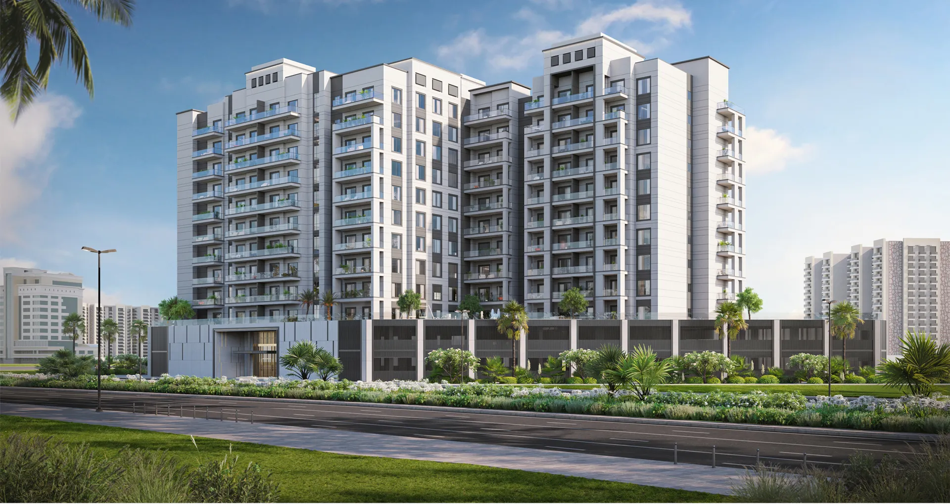 Render of Avenue Residence 7 by Nabni in Al Furjan, a 12-storey apartment building above a podium, seen from the street by day