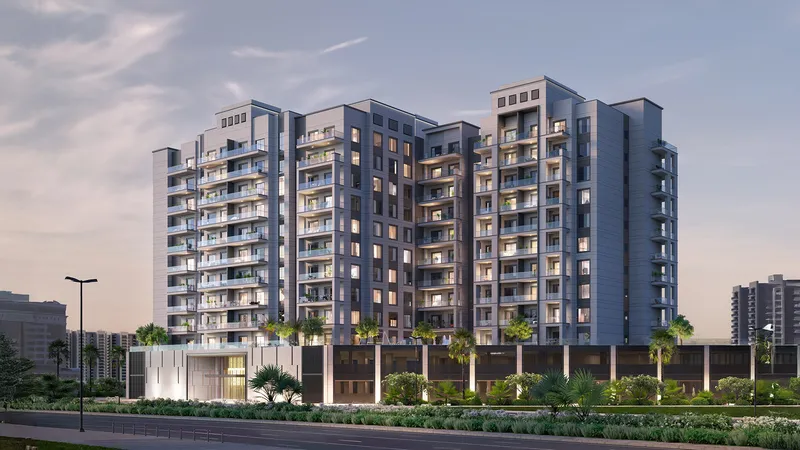 Render of Avenue Residence 7 by Nabni in Al Furjan at dusk with the apartments lit