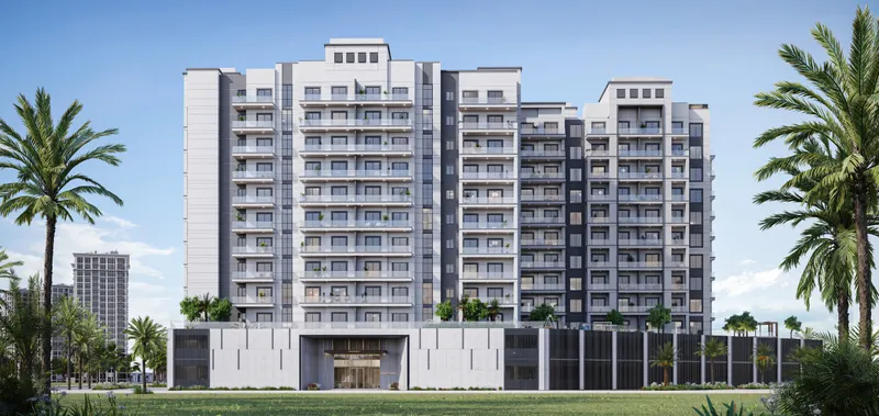 Render of the front elevation of Avenue Residence 7 in Al Furjan with the main entrance in the podium