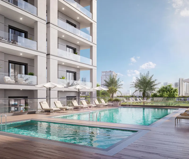 Render of the adult and children's swimming pools on the podium deck of Avenue Residence 7 in Al Furjan